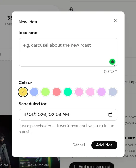 The idea tile editor in ReelDrop's grid planner with colour options, a note field and the chosen time slot