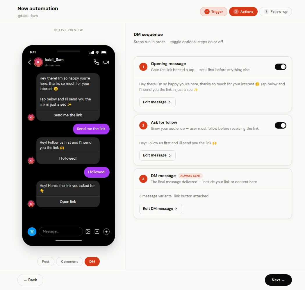 ReelDrop private DM editor with a link button and a live phone preview of the conversation