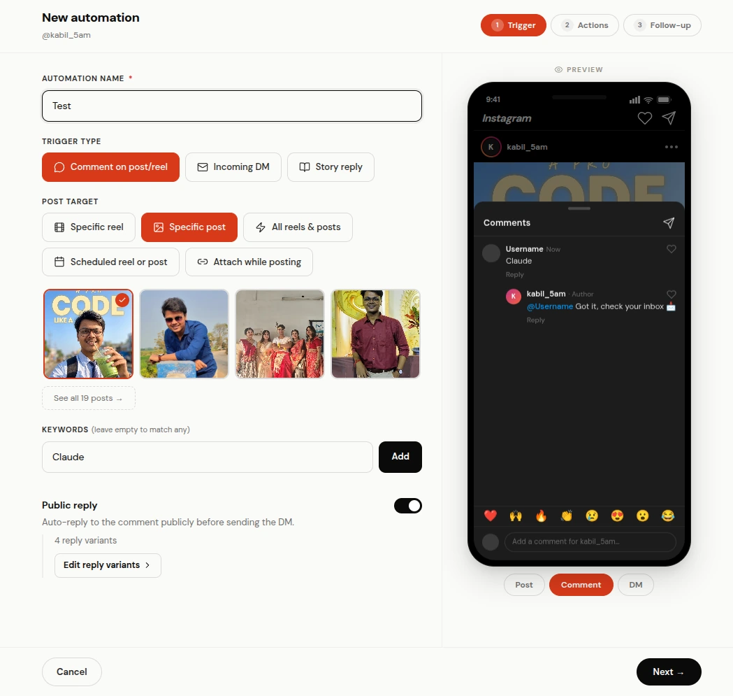ReelDrop public comment reply editor with several rotating reply variants